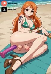 ai_generated big_breasts big_penis brown_eyes clothing cock colored dick dildo dildo_in_ass fluids futa_only futanari futanari/female light_skin nami nami_(one_piece) one_piece one_piece_girls orange_hair penis sexy sexy_body sexy_pose tattoo testicles