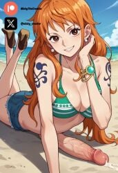 ai_generated big_breasts big_penis brown_eyes clothing cock colored dick fluids futa_only futanari futanari/female light_skin nami nami_(one_piece) one_piece one_piece_girls orange_hair penis sexy sexy_body sexy_pose tattoo testicles