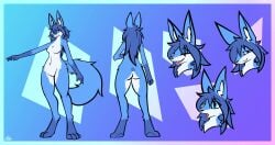 absurd_res anthro ass blue_body blue_eyes blue_fur blue_hair breasts canid canine featureless_breasts female fluffy fluffy_tail fox front_view fur genitals gloves_(marking) hair happy hi_res leg_markings lodi_(artist) long_ears long_hair looking_at_viewer mammal markings model_sheet nude open_mouth portrait pussy rear_view smile smiling_at_viewer smirk smirking_at_viewer socks_(marking) solo surprised_expression tail white_body white_fur