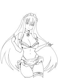 1girls alternate_costume big_breasts breasts busty cleavage female female_only hat highres idola_avorn index_finger_raised large_breasts legs long_hair maid maid_headdress midriff monochrome navel pose posing seductive sensual sentai_red_ga_isekai_de_boukensha_ni_naru sketch skirt smile solo tank_top thick_thighs thighs thong very_long_hair voluptuous whale_tail yihdra_arvoln