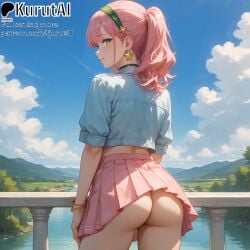 1girls ai_generated artist_name artist_signature ass back bangs beach bracelet earrings from_behind gloves hair_ornament hairband hi_res high_quality high_res high_resolution highres hill jewelry kurutai landscape long_hair looking_at_viewer looking_back mountainous_horizon no_panties oc original original_artwork original_character outdoors patreon pink_hair pleated_skirt pool railing scenery skirt smile solo uncensored water