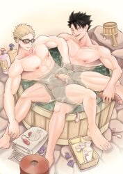 2boys abs bathing black_eyes black_hair blonde_hair blush condom duo erect_nipples erect_penis erection gay gay_male glasses haikyuu!! happy kuroo_tetsurou male male/male male_only muscles muscular muscular_male naked naked_male nude nude_male onglai87 open_mouth pecs pectorals penis sex_toy spread_legs tsukishima_kei water yaoi yellow_eyes