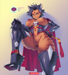 areolae big_breasts black_hair boots breasts cape clothing dark-skinned_female dark_skin domshroom ear_piercing earrings elbow_gloves female female_only functionally_nude gloves hair high_heel_boots innie_pussy looking_at_viewer mostly_nude nipples pussy rwby sienna_khan supersatanson tiger_ears tiger_girl tiger_print