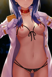 aiguillette blue_hair bow breasts choker coat collarbone cowboy_shot earrings female gluteal_fold head_out_of_frame highres jewelry lingerie long_sleeves looking_at_viewer medium_breasts military military_uniform navel nipples open_clothes pussy red_bow rko_(a470350510) solo ssss.gridman stomach takarada_rikka unbuttoned underwear uniform