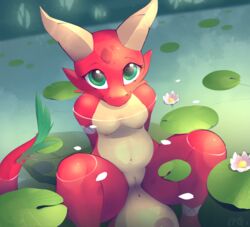 <3_eyes anthro atzi b-epon bath bathing breasts female flower green_eyes heart invalid_tag kobold lily_pad lizard lotus_flower nipples nude petals plant pussy reptile scalie solo water wet