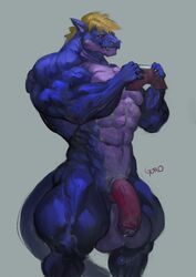 1boy anthro balls bara big_balls big_penis dragon flaccid goroguro hair huge_balls humanoid_penis male male_only muscular muscular_male penis precum solo standing uncut vein