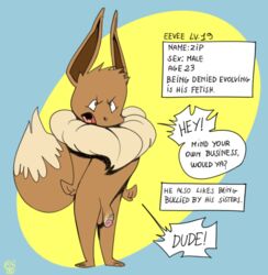 1boy angry anthro big_ears brown_eyes brown_fur canine eevee flaccid furry long_ears male male_only mammal nintendo nude oddjuice original_character penis pokémon_(species) pokemon pokemon_rgby simple_background solo source_request standing tail testicles text video_games watermark