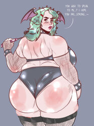 ass big_ass bra chubby darkstalkers green_hair large_breasts looking_back morrigan_aensland panties sideboob stockings succubus thick_thighs vogol wedgie wide_hips