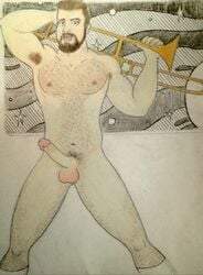 1boy body_hair boner celebrity draft erect_nipples erection feet_out_of_frame hand_behind_head human jonathan_frakes legs_apart male male_only muscle musical_instrument naked outer_space pencil_crayon_(medium) pinup star_trek star_trek_the_next_generation trombone william_riker work_in_progress