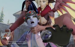 3d alternate_costume asphyxiation blizzard_entertainment blonde_hair blue_eyes blue_skin bodysuit breasts defeated domination duo eichenwalde_(map) female female_only headgear looking_at_viewer lunawantsyou mercy nipples overwatch smile tumblr_username twitter_username widowmaker wings witch_hat witch_mercy yellow_eyes yuri