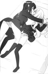 2girls bed blush breasts cameltoe closed_eyes couple fuguriya kawamura_reo kissing looking_at_another lying monochrome multiple_girls nipples official_art panties peko pussy_juice sawaguchi_mai school_uniform short_hair skirt small_breasts socks sono_hanabira_ni_kuchizuke_wo stockings underwear uniform yuri