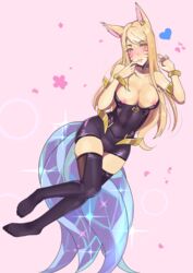 ahri alternate_costume areolae blonde_hair breasts female female_only globburt k/da_ahri k/da_series league_of_legends lipstick looking_at_viewer nipples solo thighhighs