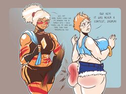 2girls ass ass_slap big_ass big_breasts cartoon_network femdom femsub gem_(species) jasper_(steven_universe) orange_hair orange_skin pearl_(steven_universe) shorts spanking steven_universe vogol white_skin