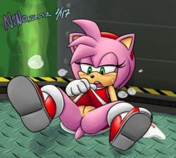 2018 amy_rose anthro bedroom_eyes blush boots bottomless clothed clothing female final_egg footwear green_eyes half-closed_eyes hedgehog hi_res mammal ninoeros no_panties open_mouth panting pink_fur pussy raised_skirt seductive simple_background solo sonic_(series) sonic_adventure soubriquetrouge sweat sweatdrop tail video_games