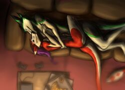 anthro azaly braided_hair controller cuddling depth_of_field food fur hair long_hair long_tail male maxsta penis pizza purple_hair red_fur sergal serramiares thorsten yaoi