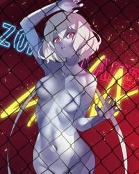 against_fence areolae ban bare_shoulders blue_skin breasts breasts_against_fence chain-link_fence collarbone convenient_censoring female fence groin highres konno_junko looking_at_viewer medium_breasts navel nipple_censor nipples nude parted_lips red_eyes short_hair sign solo standing stitches undead white_hair zombie zombie_girl zombie_land_saga