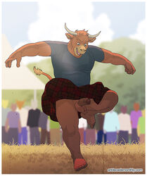 5_fingers 5_toes accidental_exposure anthro artdecade athletics balls barefoot bovine cattle clothed clothing crowd flaccid furry group horn jumping kilt male male_only mammal penis plaid shirt sky solo_focus toes uncut