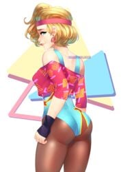 ass blonde_hair blue_eyes breasts clothed earrings grapesliime headband huniepop huniepop_2 leotard lips medium_breasts mole mole_under_eye nose pantyhose polly_bendleson synthwave