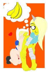 adventure_time anthro ass banana bottomless breasts bronwyn canine cartoon_network clothed clothing equine female finn_the_human food fruit fur horn human human_on_anthro humanoid kamikiller male mammal penis rainicorn smile unicorn