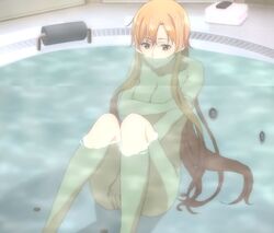 10s 1girls absurd_res absurdres bath bathroom bathtub bent_knees breasts brown_eyes cleavage covering covering_breasts covering_crotch female highres long_hair nude official official_copyright orange_hair partially_submerged screencap sitting sword_art_online very_long_hair water wet yuuki_asuna