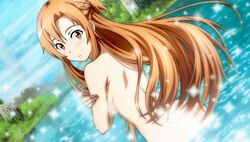 10s 1girls back blush brown_eyes brown_hair female game_cg lake long_hair looking_at_viewer looking_back nude rear_view shocked sideboob solo sparkle surprised sword_art_online sword_art_online:_hollow_fragment water wide_eyed yuuki_asuna