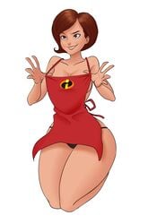 1girls apron black_panties breasts brown_eyes brown_hair cleavage clothed collarbone curvy disney female female_only full_body helen_parr human kneeling large_breasts milf panties pixar playful short_hair sideboob skimpy smile smooth_skin solo the_incredibles thick_thighs wide_hips zanzagen