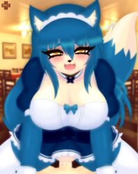 amber_eyes anthro blue_fur blue_hair blush breasts canine clothed clothed_sex clothing cum cum_in_pussy cum_inside duo female female_focus fox fur hair long_hair maid_uniform male mammal pussy razplus sex solo_focus straight uniform