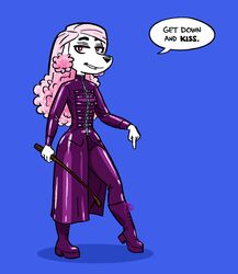 anthro boots canine clothing command domination dominatrix female femdom footwear grin liebeslied mammal natalie_(liebeslied) poodle rubber smile solo speech_bubble text whip