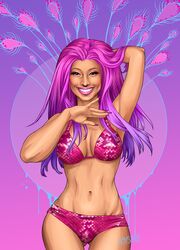 abs artist_name bikini celebrity cleavage dark_skin dyed_hair female grayscaled happy looking_at_viewer midriff navel nicki_minaj purple_hair smile solo swimsuit