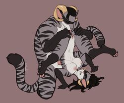 2018 areola breasts clitoris duo faint_(artist) feline female fur male mammal nipples nude pussy selfcest simple_background square_crossover straight striped_fur stripes