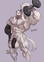 anthro balls big_balls big_penis exercise feline flaccid flexing goroguro huge_muscles male male_only mammal muscular muscular_male nude penis smile solo standing weightlifting workout