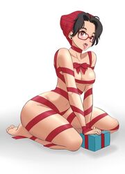 ass barefoot beanie big_ass black_hair breasts brown_eyes cleavage curvy eyewear feet female female_only full_body glasses hat human kneeling large_breasts naked_ribbon open_mouth original_character present short_hair skimpy soles solo toes tongue tongue_out zanzagen zanzagen-chan