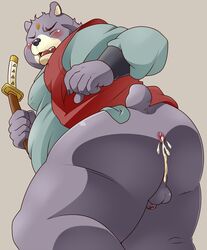 2018 anthro ass balls bear belly blush closed_eyes clothing cum flaccid fur humanoid_hands male male_only mammal melee_weapon nengasama ninpen_manmaru overweight overweight_male penis pomupomu490 purple_fur shirt simple_background solo sword weapon