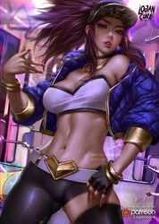 abs akali alternate_costume big_breasts breasts cleavage female female_only k/da_akali k/da_series large_breasts league_of_legends lipstick logan_cure looking_at_viewer solo strapless strapless_top strapless_topwear tubetop