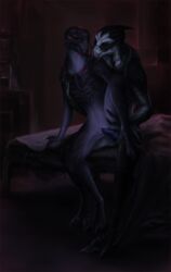 3033 alien animal_genitalia bed blue_penis chair_position eye_contact female from_behind_position genital_slit hand_on_chest male mass_effect nude on_bed penetration penis pussy raised_leg sex slit straight thigh_grab turian vaginal_penetration video_games