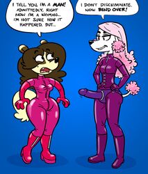 anthro badger bodysuit boots canine clothing dildo domination dominatrix duo elbow_gloves female footwear latex liebeslied mammal mustelid natalie_(liebeslied) poodle rubber rubber_suit rush_eloc sex_toy simple_background speech_bubble strap-on