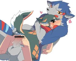 anal anthro ass bandana blue_fur blush canine cum cum_on_butt fur furry green_fur heart izuna_(shin.) japanese male mammal penis shin. tagme wolf yaoi