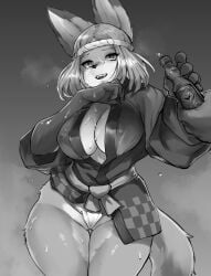 2022 absurd_res anthro bodily_fluids breasts canid canine cleavage clothed clothing female fox fur greyscale hi_res looking_at_viewer mammal monochrome open_mouth open_smile simple_background sleepiness18 smile solo sweat underwear