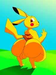 1boy anthro anus ass fur furry grass huge_ass looking_at_viewer looking_back male male_only nintendo nude pikachu pokémon_(species) pokemon pokemon_rgby rear_view simple_background sitting smile solo source_request tail testicles thick_thighs v video_games vun wide_hips yellow_fur