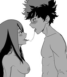 1boy 1boy1girl 1girls abs areola areolae artist_request asui_tsuyu big_breasts blush blush_lines boku_no_hero_academia breasts eye_contact female izuku_midoriya long_hair male male/female medium_breasts messy_hair midoriya_izuku muscular_abs muscular_arms muscular_chest muscular_male my_hero_academia nipples saliva saliva_trail tongue tongue_kiss tongue_out tsuyu_asui white_background