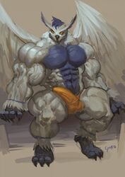 anthro avian bird bulge clothing erection erection_under_clothes feathered_wings feathers goroguro hyper hyper_muscles looking_at_viewer male male_only muscular muscular_male owl solo sova underwear vein wings