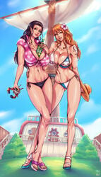 2girls action_figure between_breasts big_breasts bikini black_hair bottle breasts cleavage clothing curvy faymantra female female_only flower franky general_franky green_eyes hair hair_flower hat high_heels hourglass_figure huge_breasts large_breasts long_hair multiple_girls nami navel nico_robin one_piece one_piece_film_gold open_toe_shoes orange_eyes orange_hair post-timeskip public seductive straw_hat