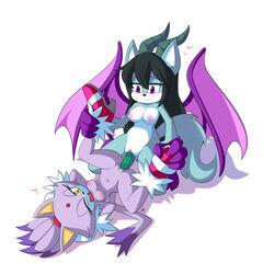 amazon_position anthro aybr black_hair blaze_the_cat blue_fur blush breasts dildo dipstick_tail double_dildo duo fan_character feline female forehead_gem fur furry hair_tie horn hybrid leg_grab mammal membranous_wings multicolored_tail nipples nude one_eye_closed purple_eyes purple_fur purple_hair pussy sex sex_toy signature sonic_(series) vaginal_penetration wings yellow_eyes yuri