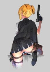 ass black_footwear black_gloves black_jacket black_panties black_skirt black_vest blazer blonde_hair braid collared_shirt dress_shirt female firearm footwear from_behind girls'_frontline gloves gun handgun happening18 highres holding holding_gun holding_weapon holster jacket legwear miniskirt panties pinstripe_pattern pussy shirt short_hair short_twintails skirt sleeves_rolled_up socks solo striped suppressor thigh_holster thong twintails underwear vest water weapon welrod_mkii_(girls'_frontline) wet white_legwear white_shirt