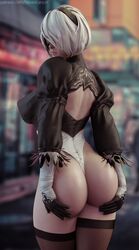 1girls 3d absurdres ass ass_focus female female_only highres leotard looking_back nier nier:_automata nier_(series) short_hair solo solo_female square_enix stevencarson thighhighs white_hair yorha_2b