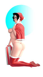 absurdres areolae artist_request ass big_ass black_hair black_lipstick breasts brown_eyes christmas dat_ass dimples_of_venus eyewear fake_beard female female_only fur_trim gauged_ear glasses hat highres holidays human kneeling large_breasts lipstick looking_back nipples original_character present santa_hat shawl shoes short_hair simple_background solo thighhighs thong white_background zanzagen-chan