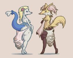 anthro ass_cleavage blonde_hair breasts brown_hair butt_crack clothing delphox duo feces female hair nintendo panties pink_panties pokémon_(species) pokemon primarina scat soiling soiling_underwear underwear video_games white_panties