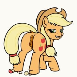 animal animated anus apple applejack_(mlp) blonde_hair clothing equine female food freckles friendship_is_magic fruit green_eyes hair hat horse mammal mkogwheel_(artist) my_little_pony pussy simple_background smile solo straight_hair