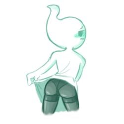 ass blush clothed clothing ddguy ghost ghost_girl green_eyes looking_at_viewer looking_back simple_background solo stockings