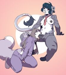 anthro breasts canine clothed clothing dickgirl duo erection feline fellatio female futa_on_female intersex intersex/female mammal masturbation nipple_piercing nipples open_shirt oral piercing sex smile takiminada vein